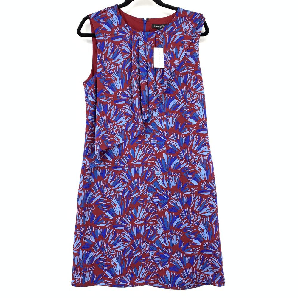 Banana Republic Ruffle Front Shift Dress Womens Sz 10 Red Blue Abstract Floral